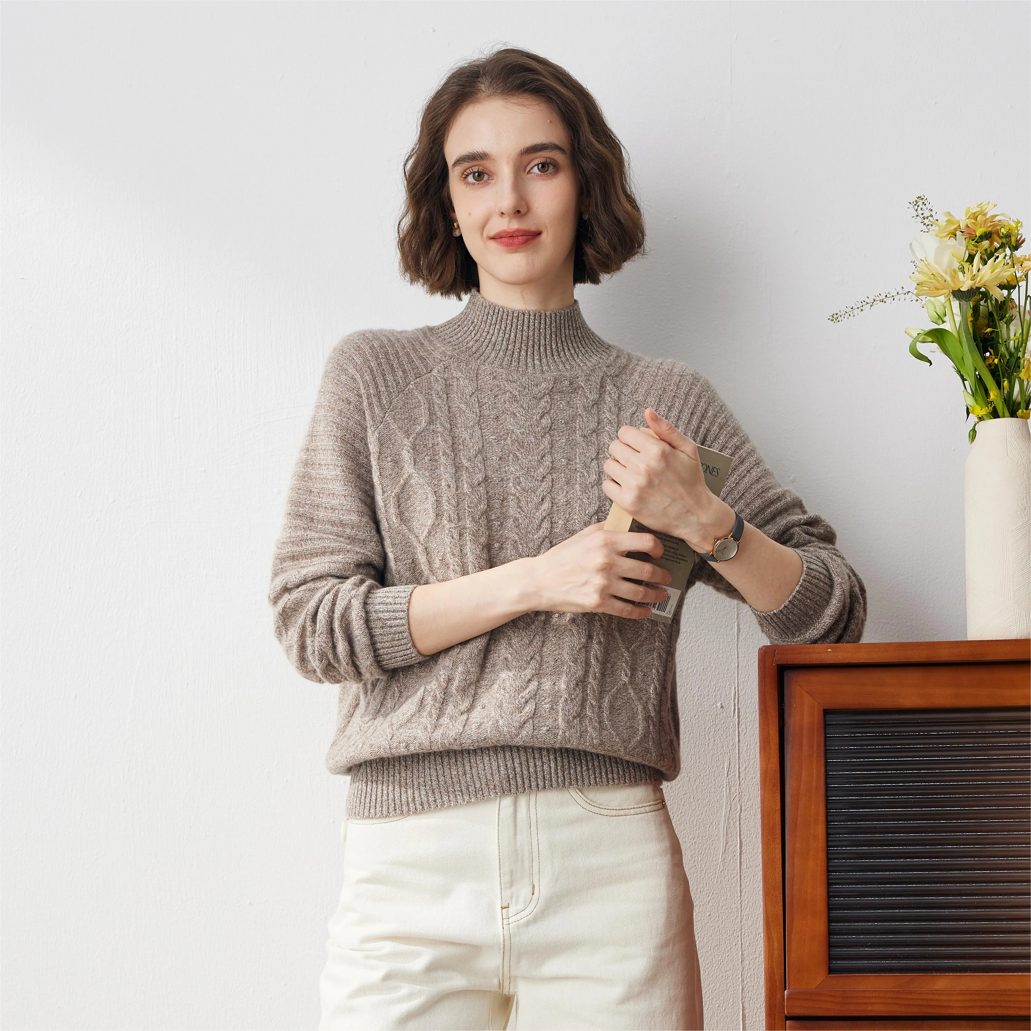 100% Cashmere Cable Knit Turtleneck Sweater