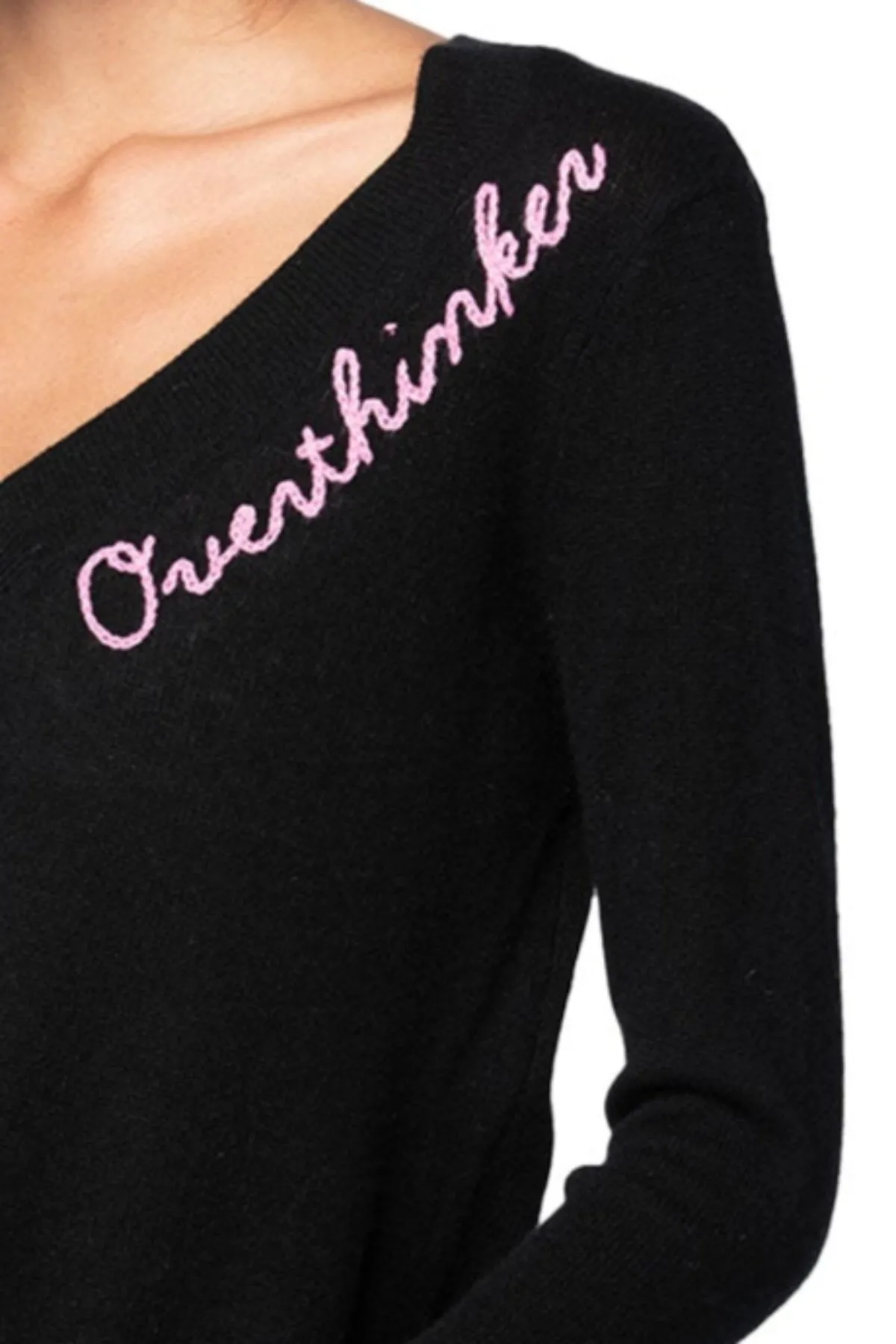 100% Cashmere V-Neck Sweater with Hand Stitch Embroidery  "Overthinker"