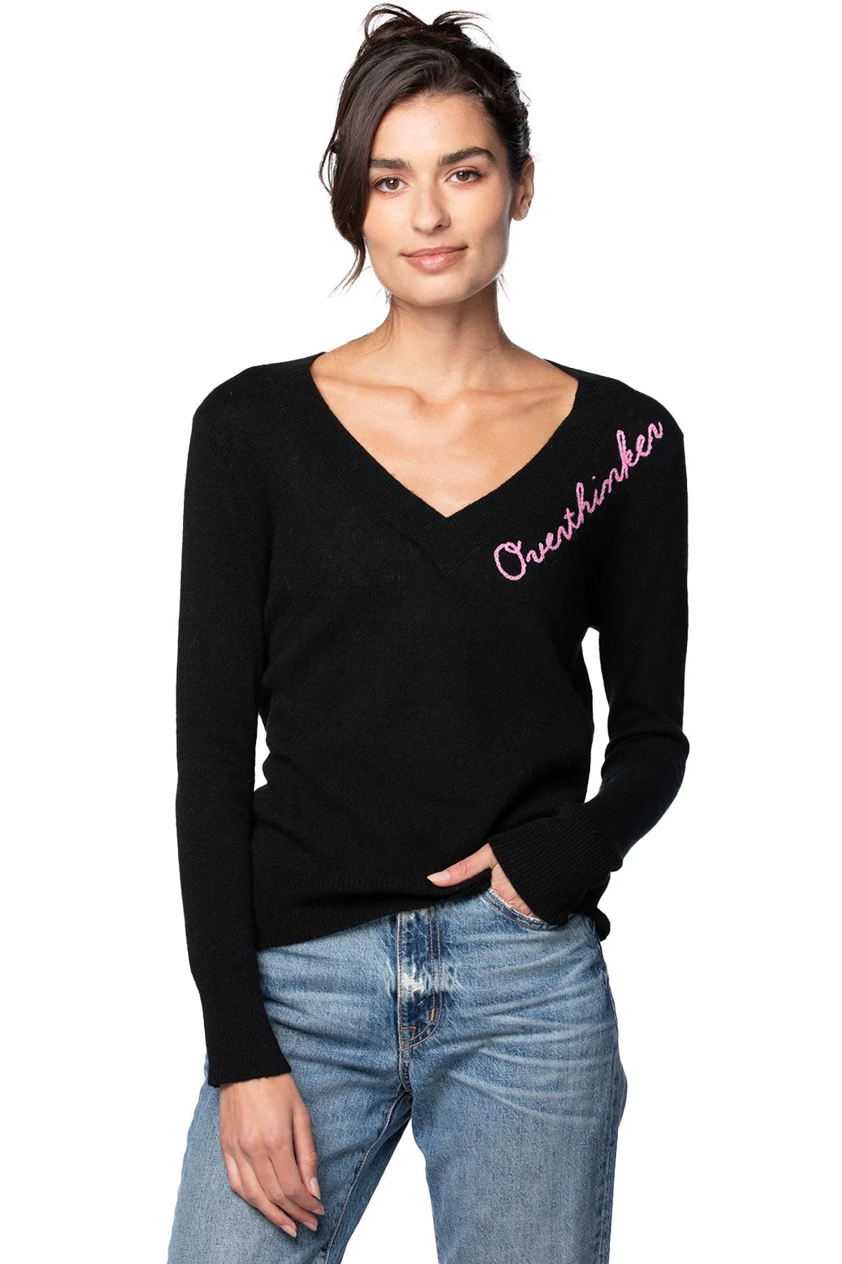 100% Cashmere V-Neck Sweater with Hand Stitch Embroidery  "Overthinker"