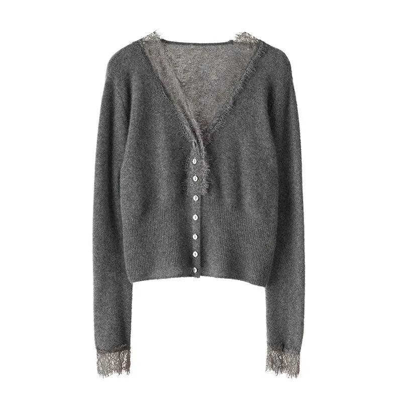 2024 Spring/Autumn 100% Cashmere V-Neck Cardigan – Women’s Chic Knitted Sweater, Short Casual Loose