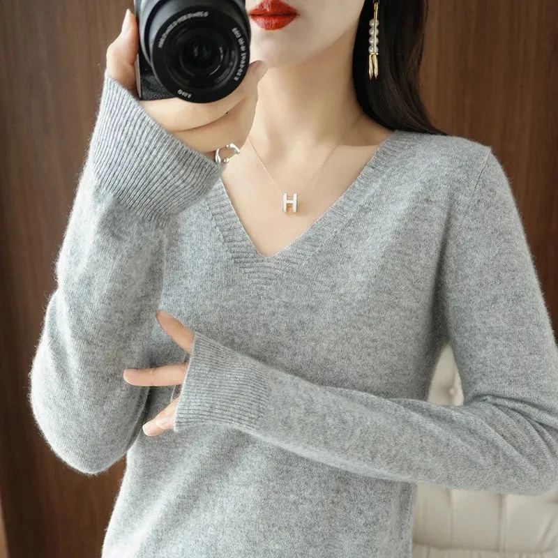 AC - Women's Pullover Sweater: Cashmere, V-neck with lace detail, perfect for autumn and winter