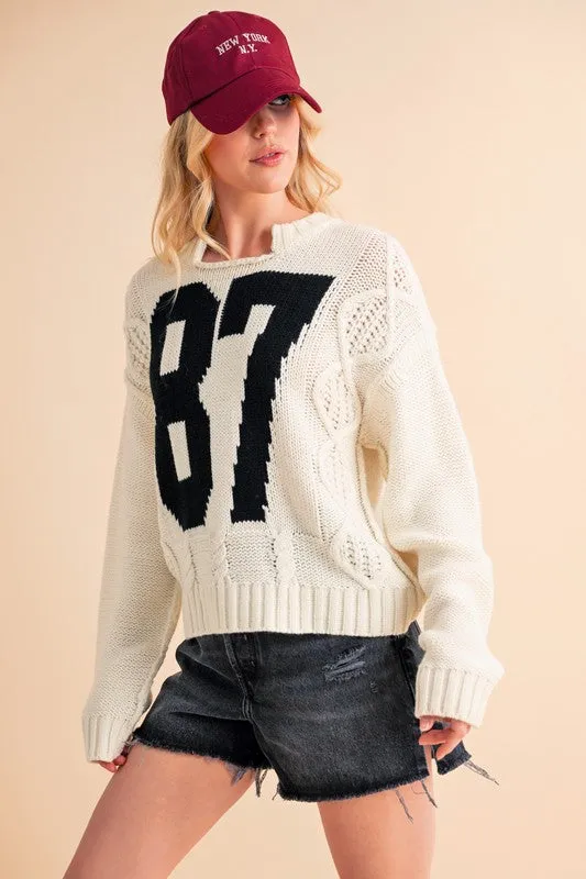 Aemi Co Contrast Number Cable Knit Drop Shoulder Sweater