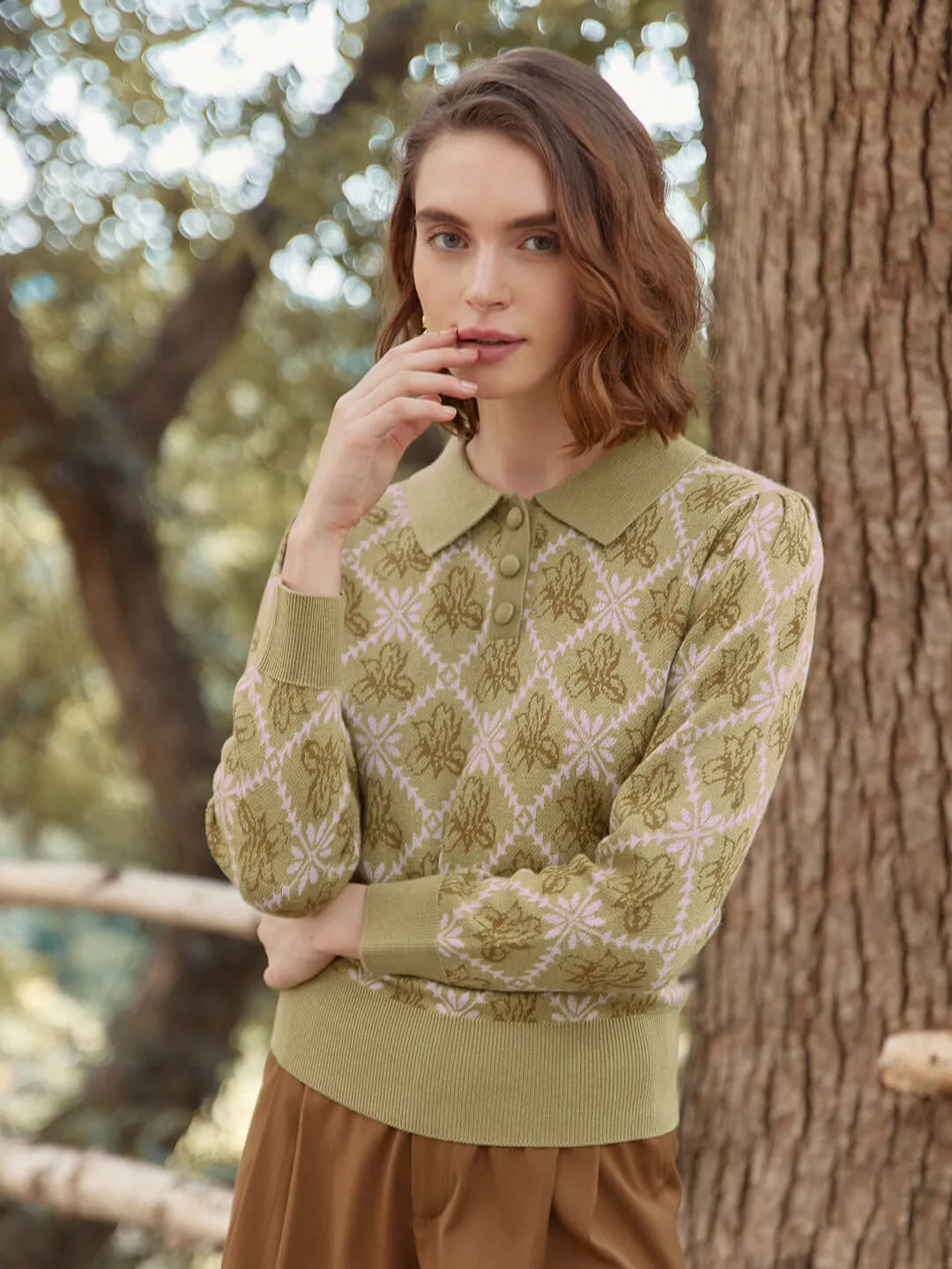 Ariana Iris Floral Patterned Avocado Green Long Sleeves Knit Sweater