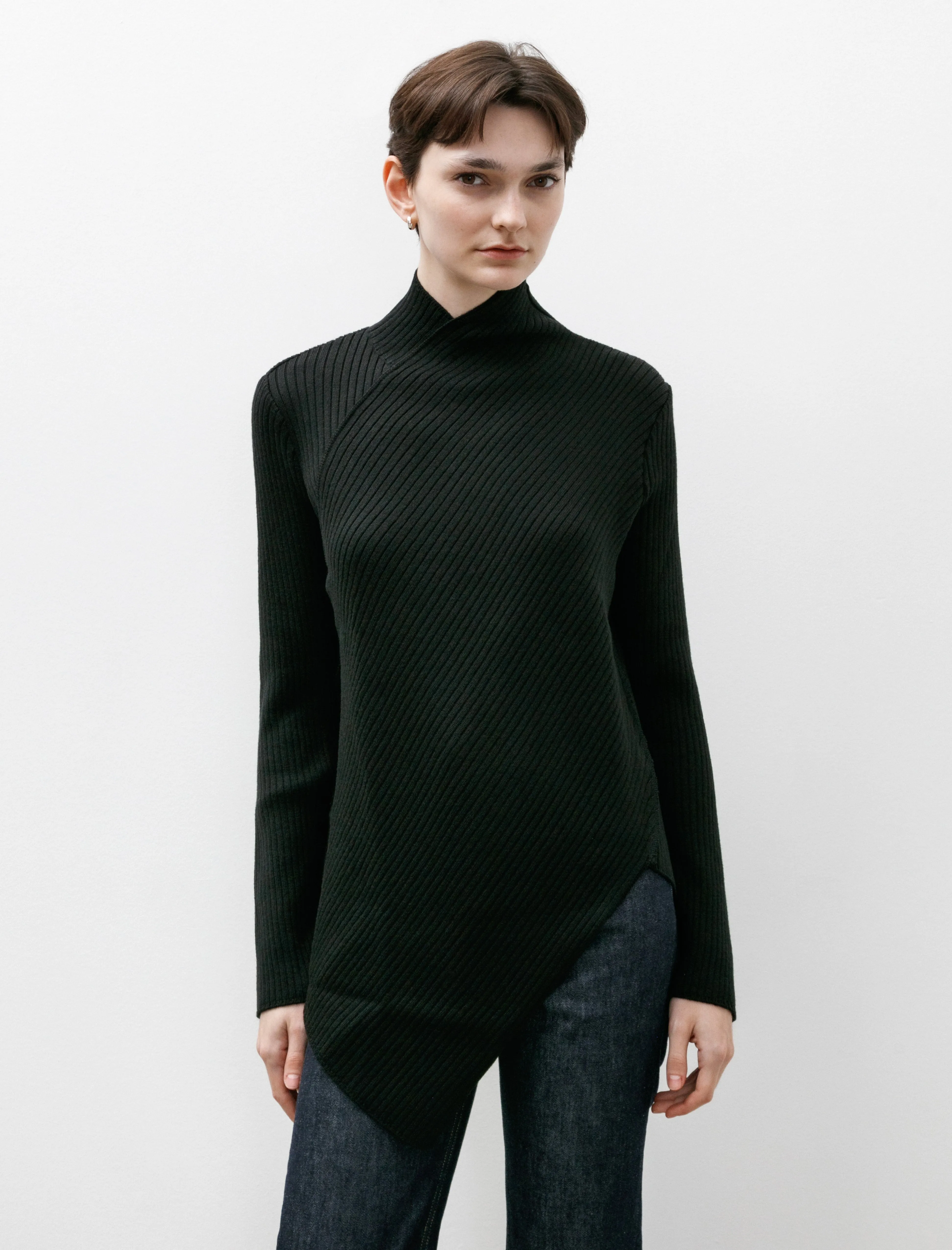 Asymmetrical Rib Knit Mockneck Black