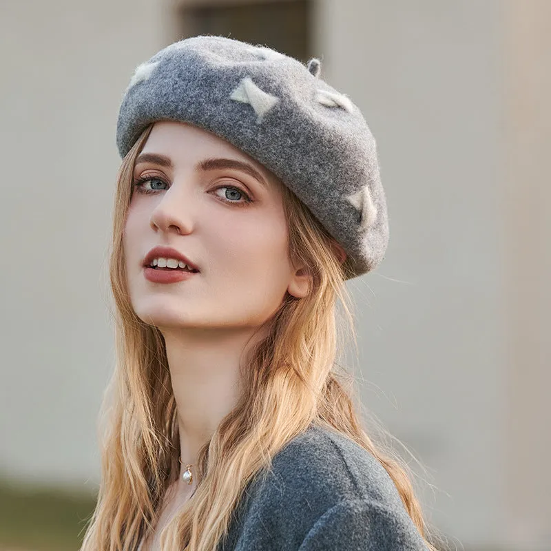 Autumn and winter fashion gentle wool hat female warm painter hat small fresh gray bowknot beret