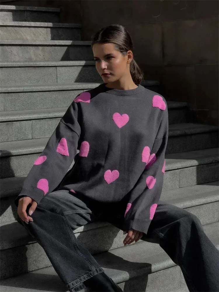 Autumnal Oversized Cozy Heart-printed Casual Comfortable Thickened Long Sleeve Stylish Warm Sweater