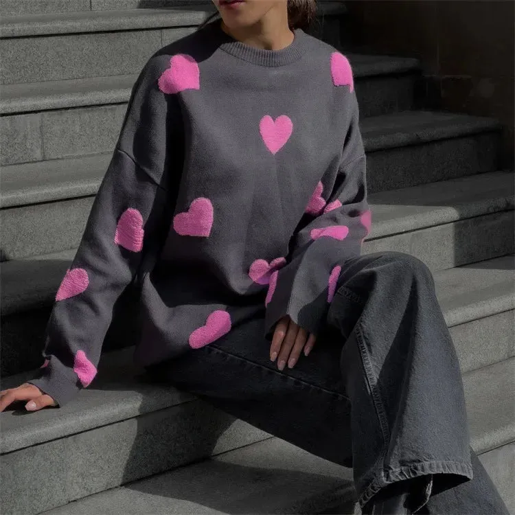 Autumnal Oversized Cozy Heart-printed Casual Comfortable Thickened Long Sleeve Stylish Warm Sweater