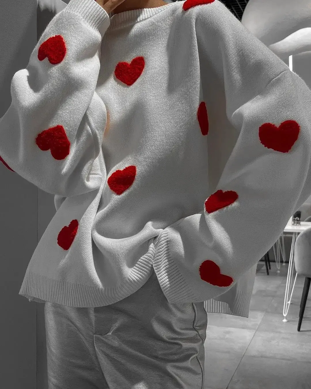 Autumnal Oversized Cozy Heart-printed Casual Comfortable Thickened Long Sleeve Stylish Warm Sweater