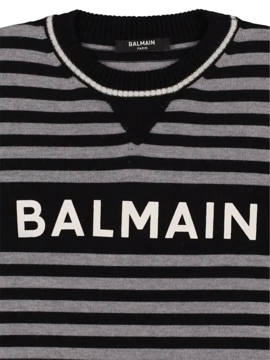 Balmain   Striped wool knit sweater w/logo 