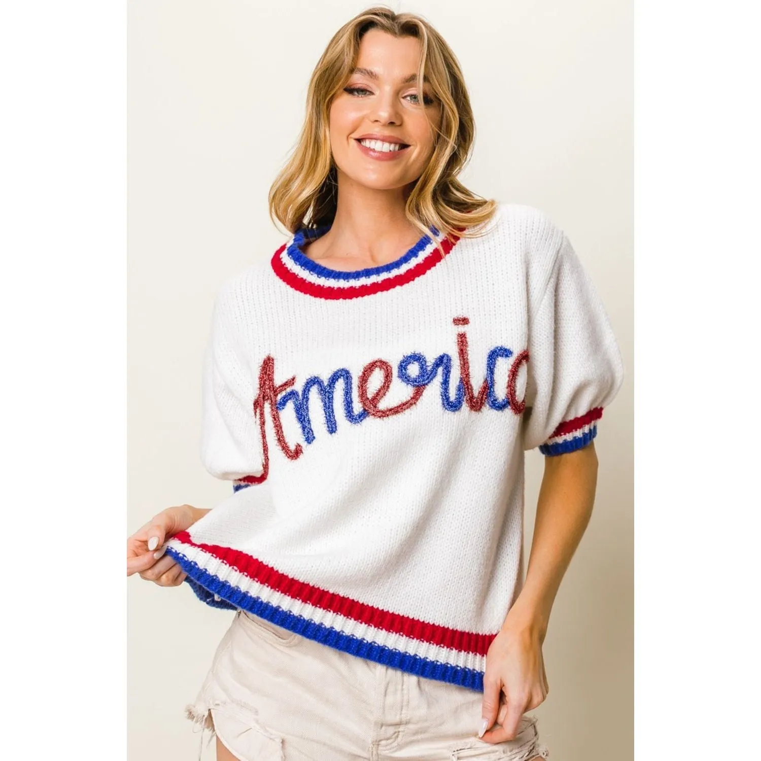 BiBi Metallic America Letter Short Sleeve Sweater