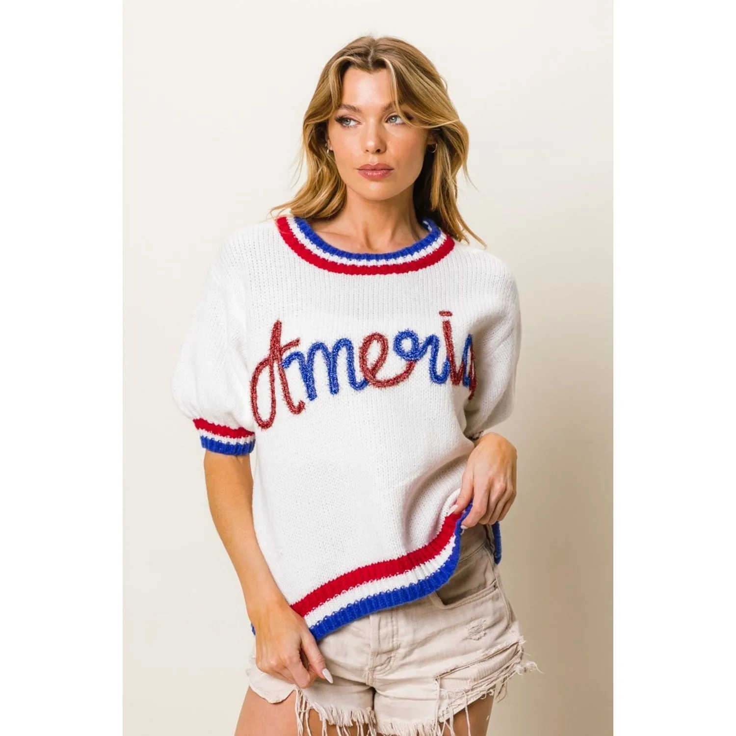 BiBi Metallic America Letter Short Sleeve Sweater