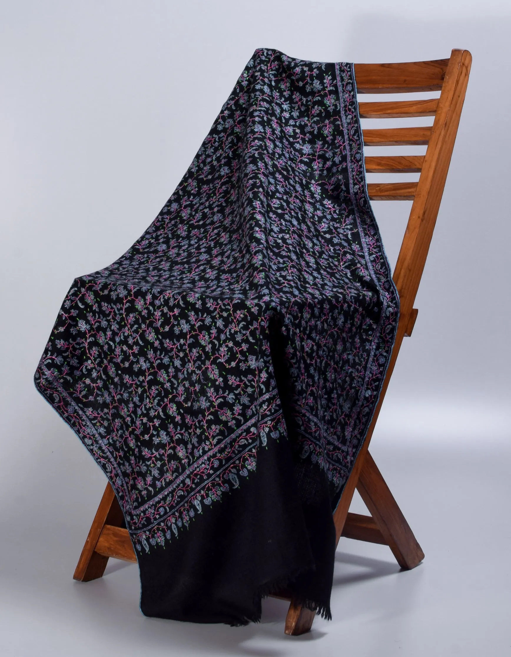 Black Handwoven Multicolour Jaali Sozni Embroidered Cashmere Pashmina Stole