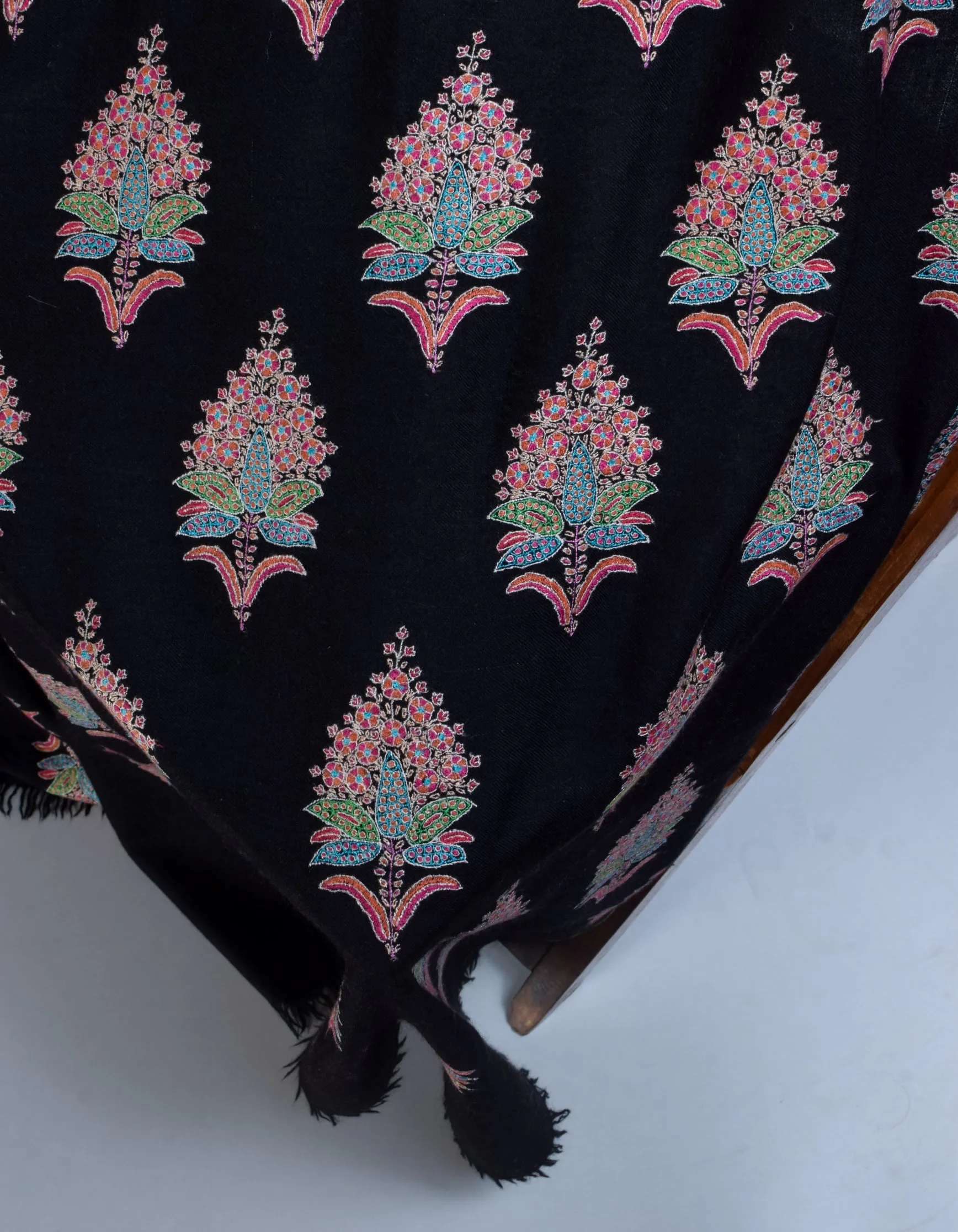 Black Handwoven Multicolour Sozni Bouquet Embroidered Cashmere Pashmina Shawl