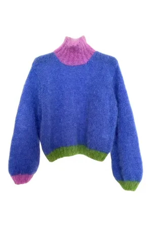 BLUE COLORBLOCK MOCK NECK MOHAIR SWEATER