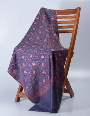 Bluish Grey Handmade Sozni Certified Jaali Embroidered Cashmere Pashmina Stole