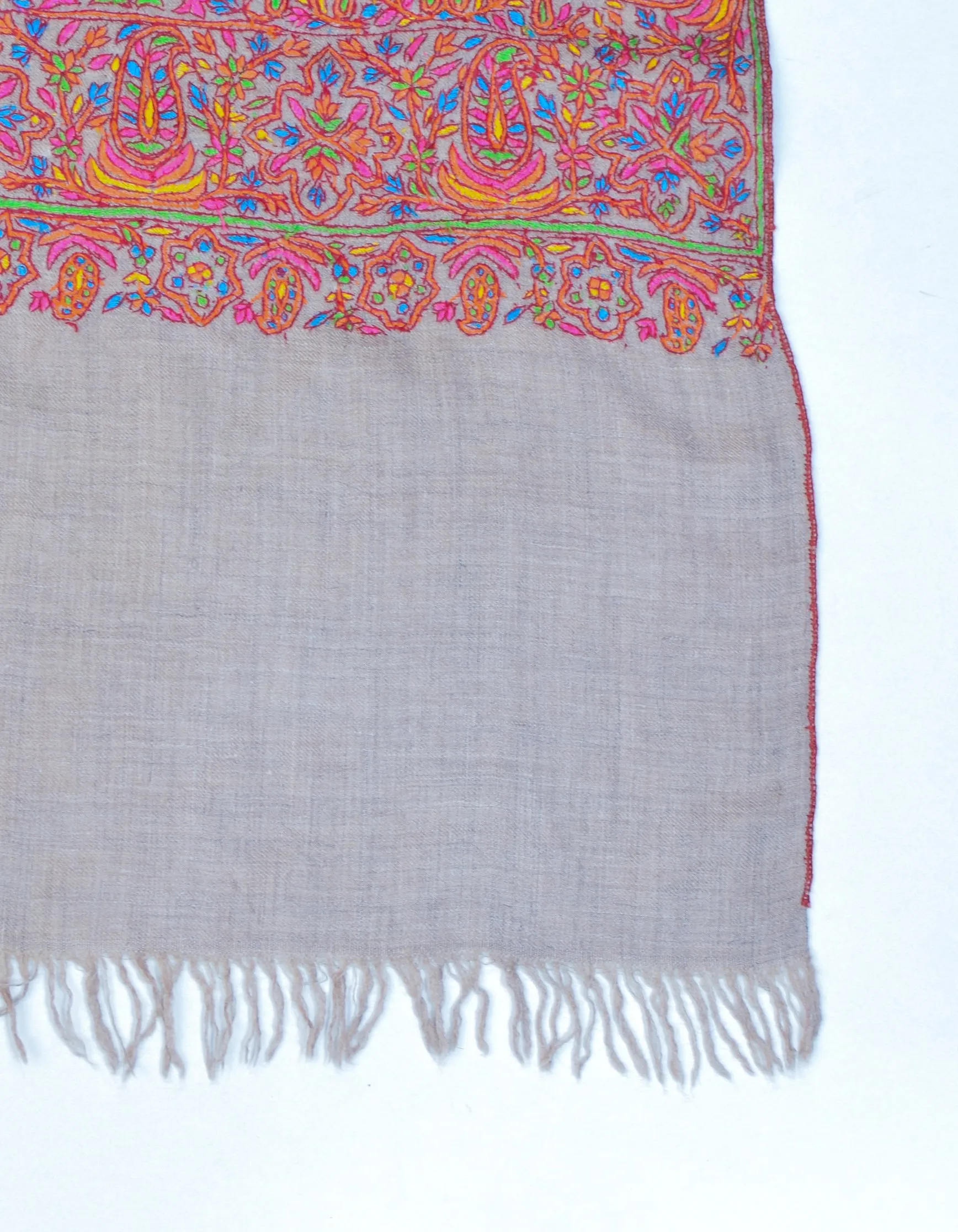 Brownish-Grey Sozni Certified Paisley Embroidered Palladaar Pashmina Shawl