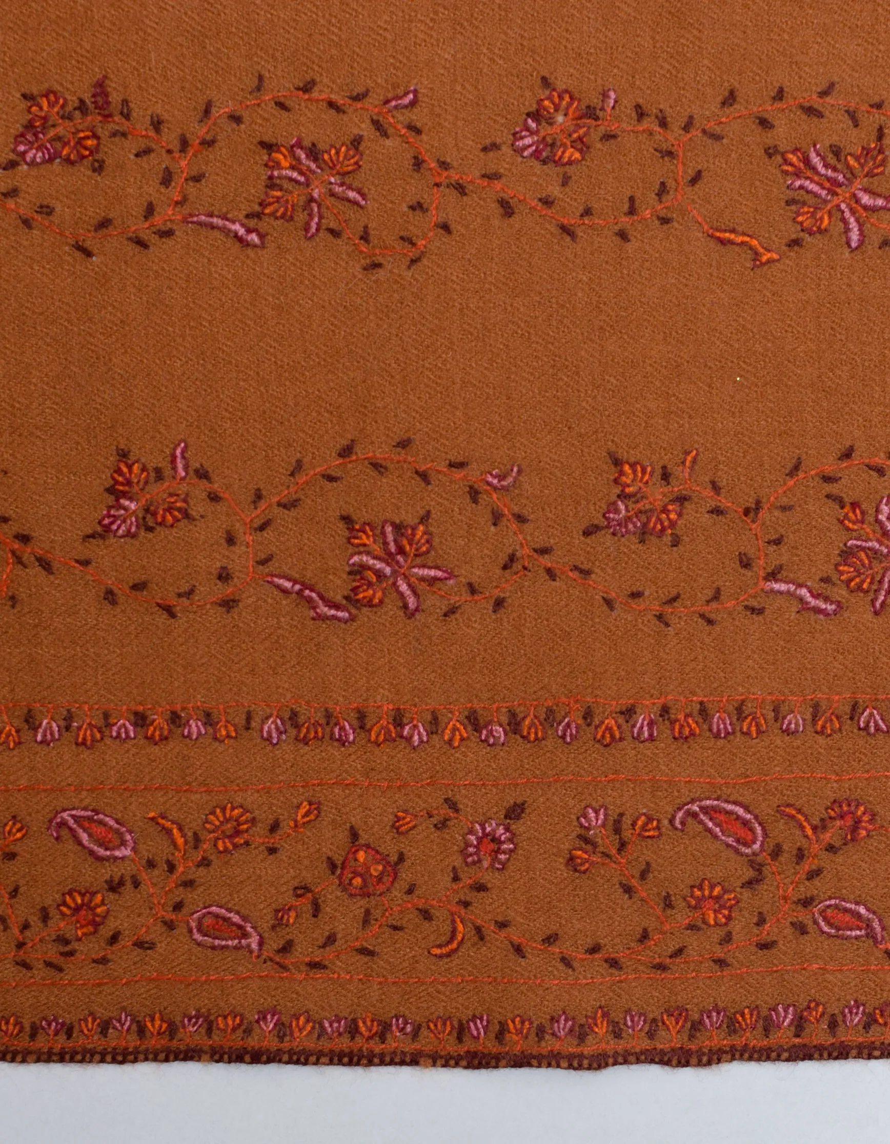 Brownish Orange Handwoven Sozni Jaali Embroidered Cashmere Pashmina Shawl