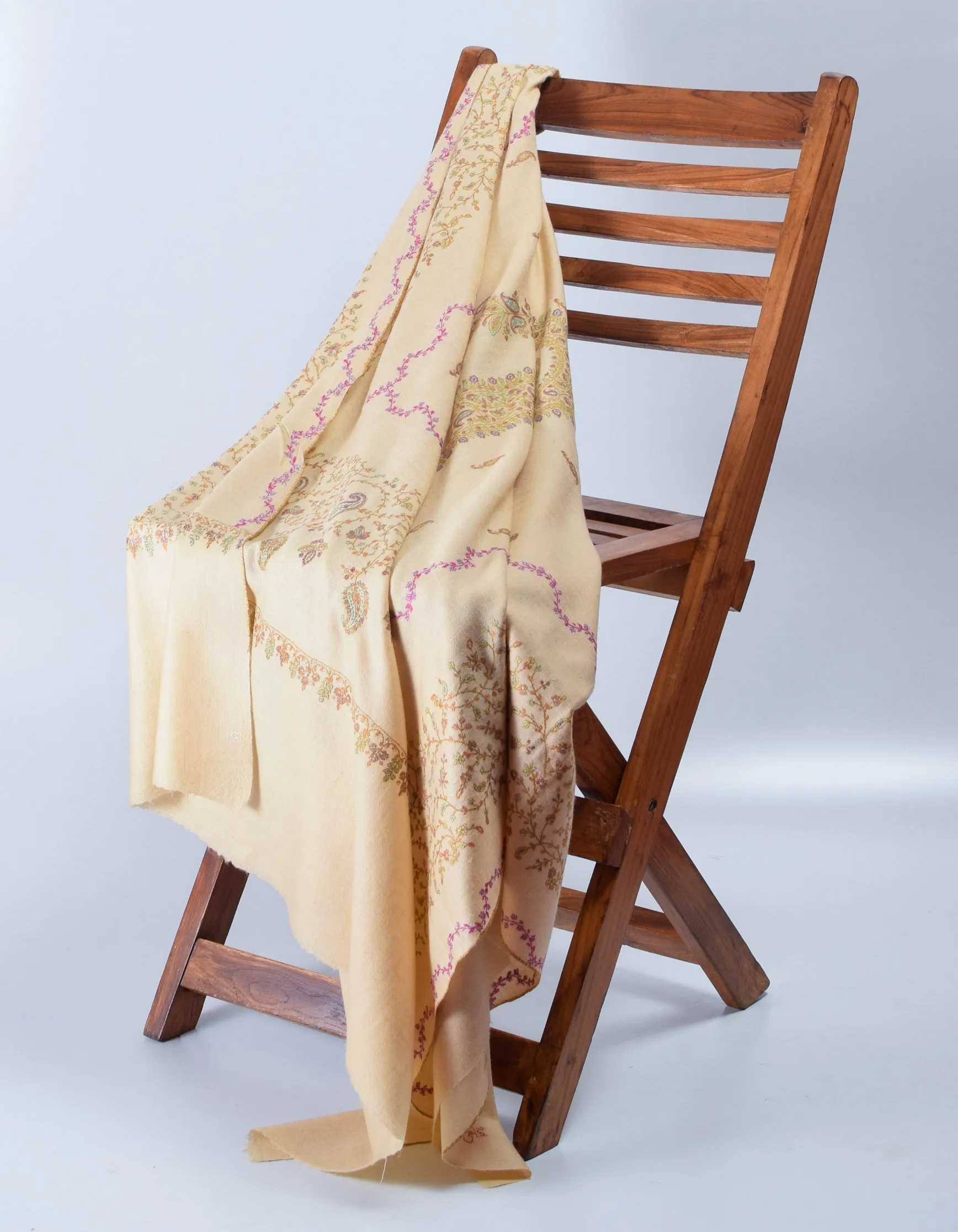 Buttercream Handwoven Border Embroidered Cashmere Pashmina Shawl