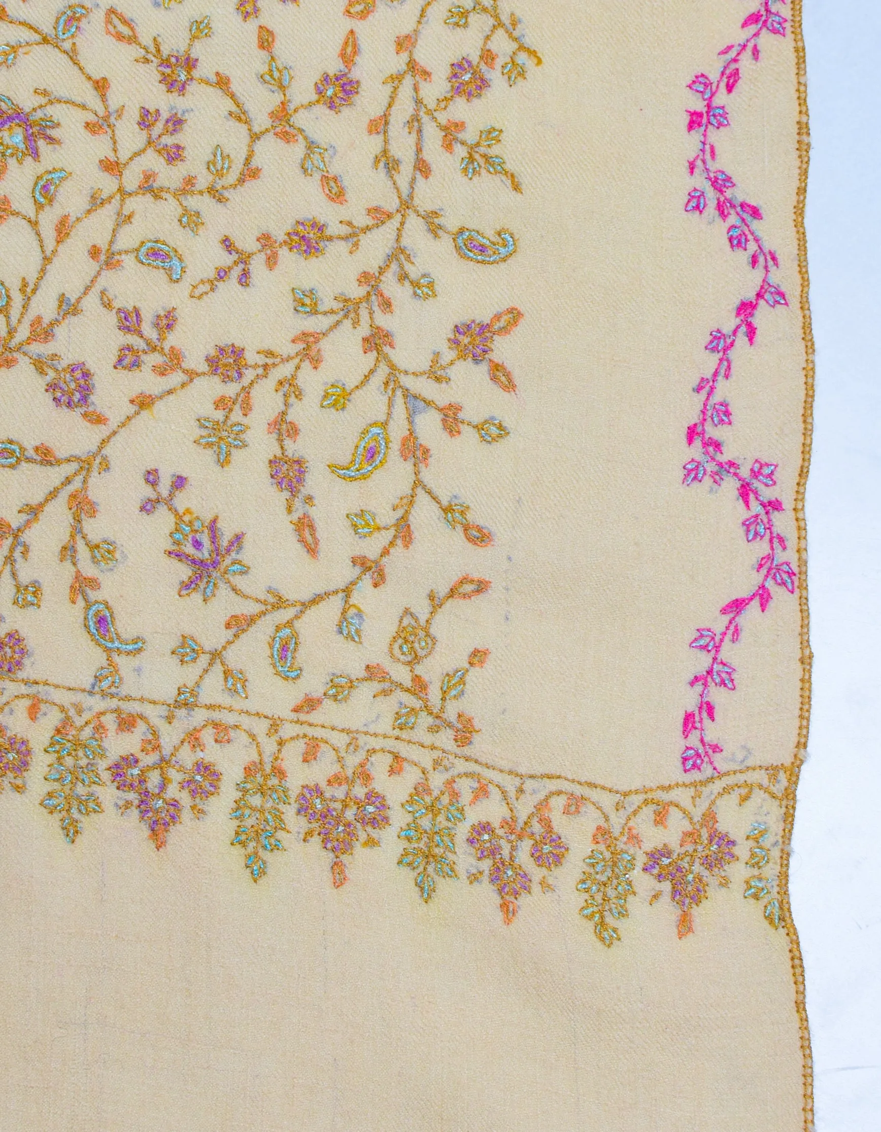 Buttercream Handwoven Border Embroidered Cashmere Pashmina Shawl