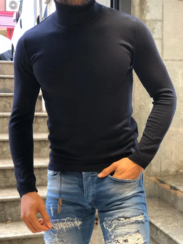 Buy Dark Blue Slim Fit Turtleneck Wool Sweater by GentWith.com