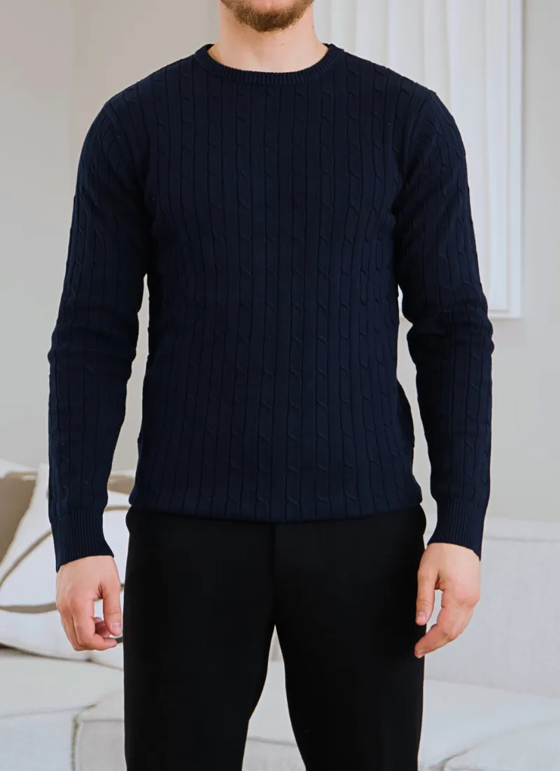 Cable Knit Wool-Cashmere Sweater - Navy