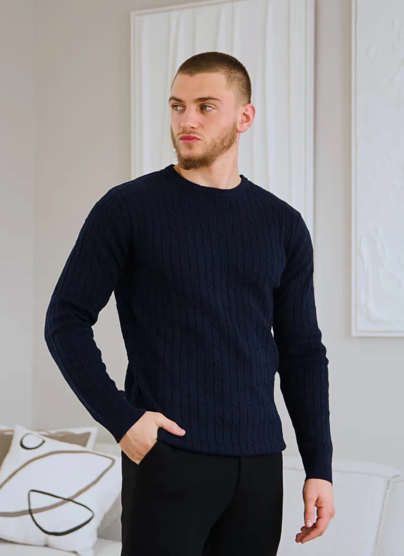 Cable Knit Wool-Cashmere Sweater - Navy