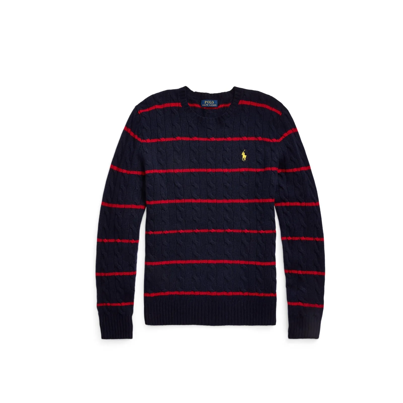 Cableknit Wool/Cashmere Crewneck Sweater - Striped - Navy & Red