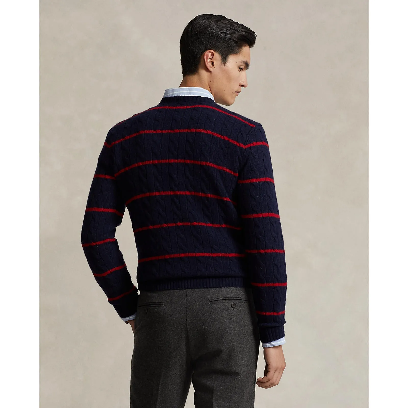 Cableknit Wool/Cashmere Crewneck Sweater - Striped - Navy & Red