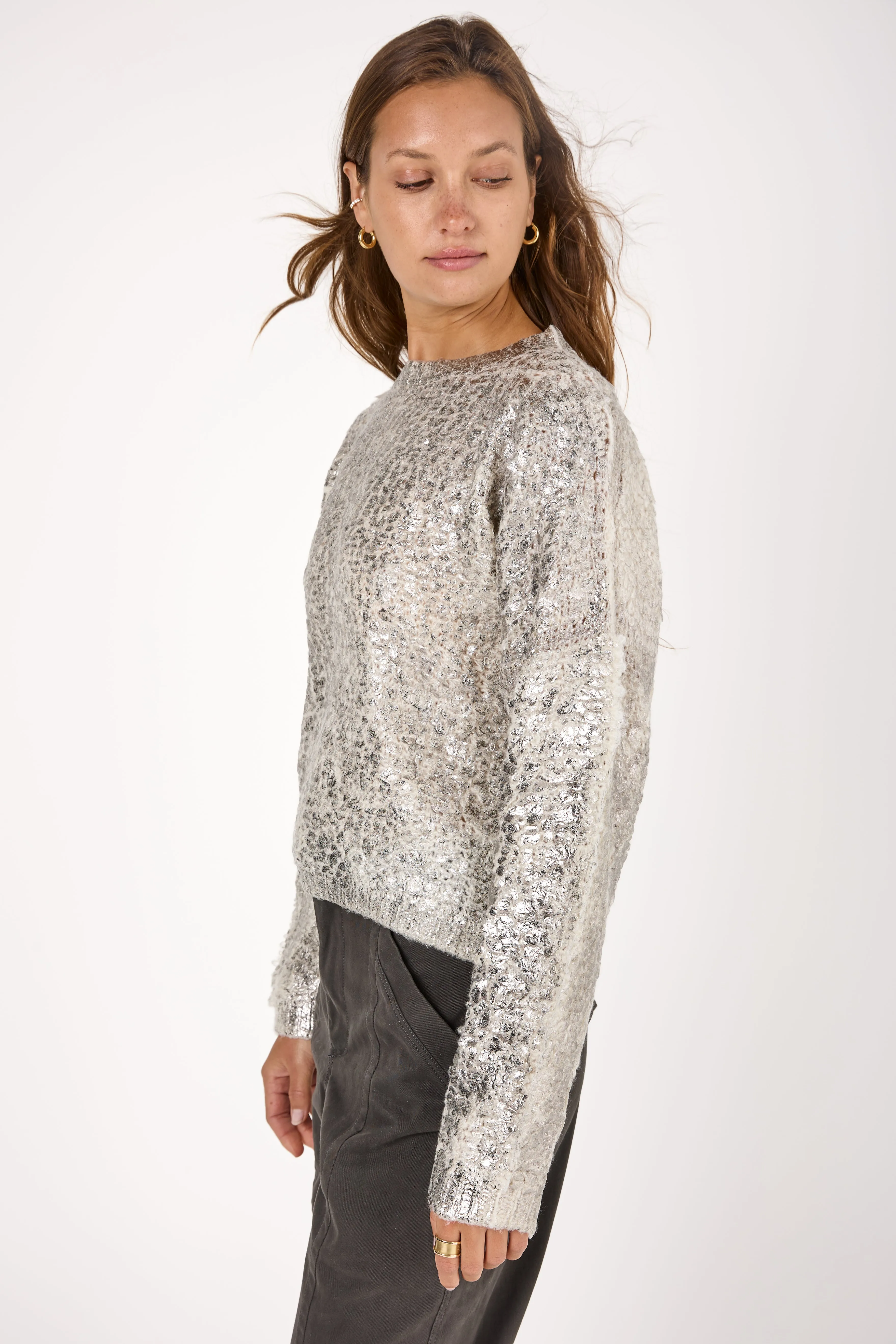 Cashmere Silk Furry Stitch Pullover Sweater with Lamination in Bianco