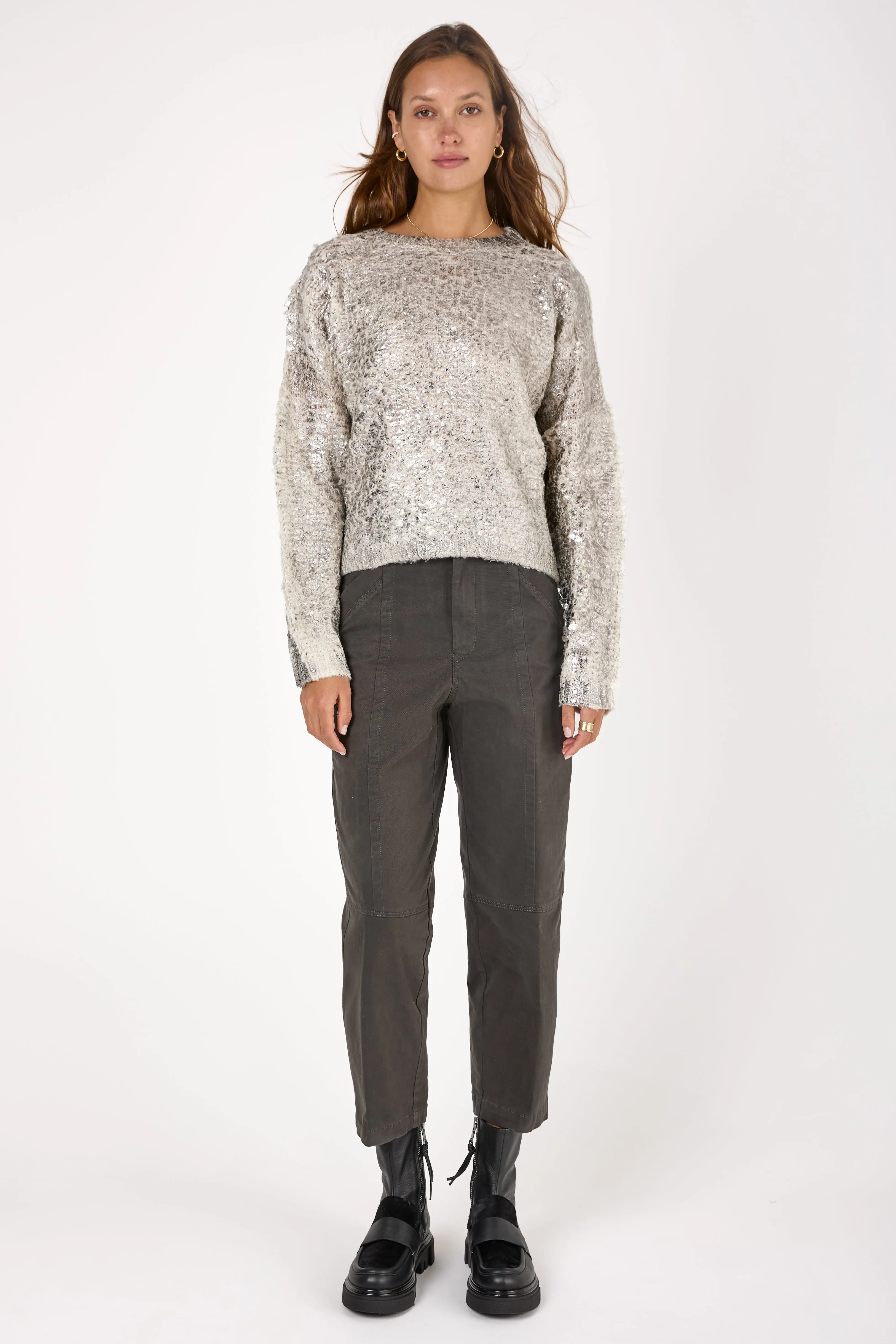 Cashmere Silk Furry Stitch Pullover Sweater with Lamination in Bianco