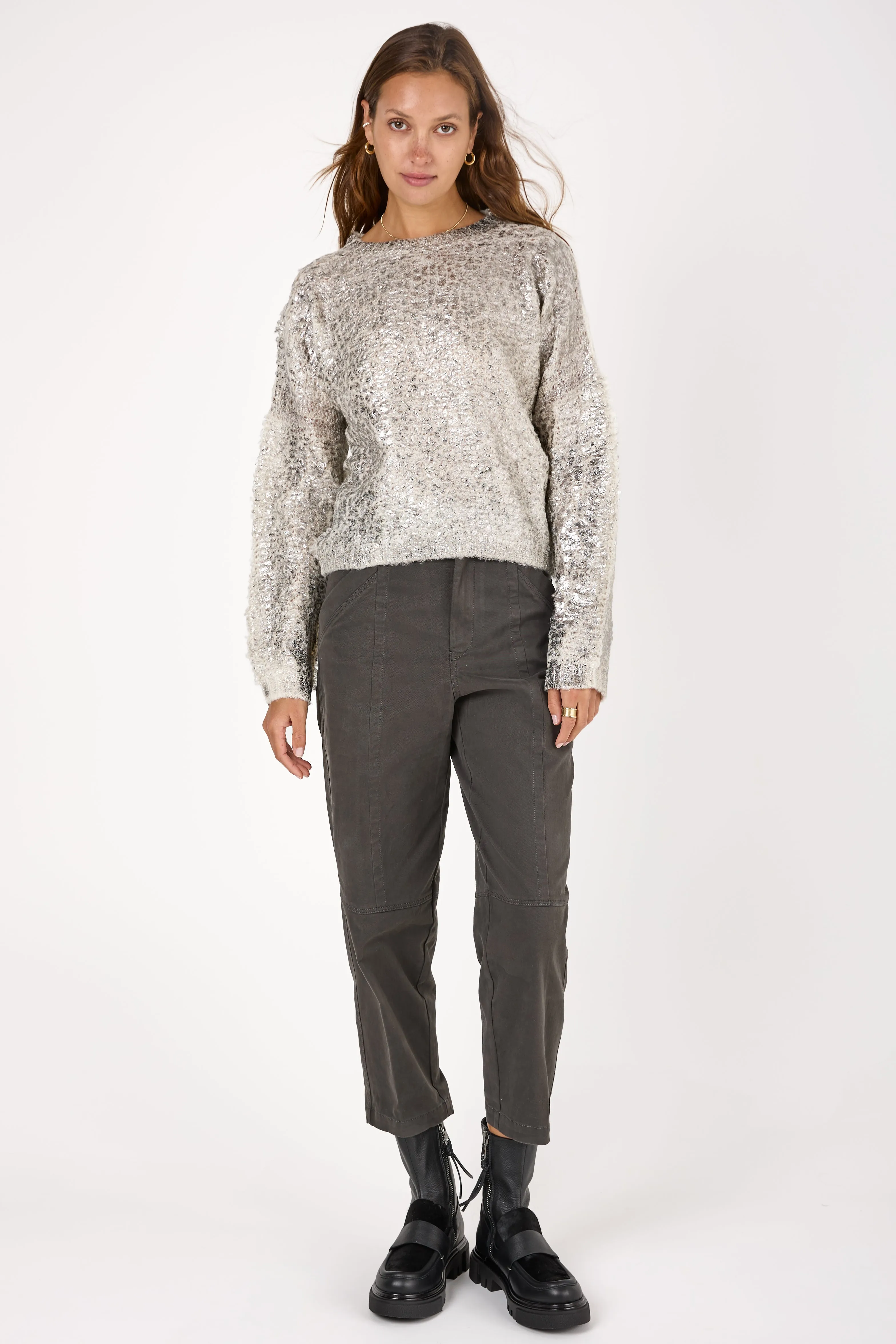 Cashmere Silk Furry Stitch Pullover Sweater with Lamination in Bianco