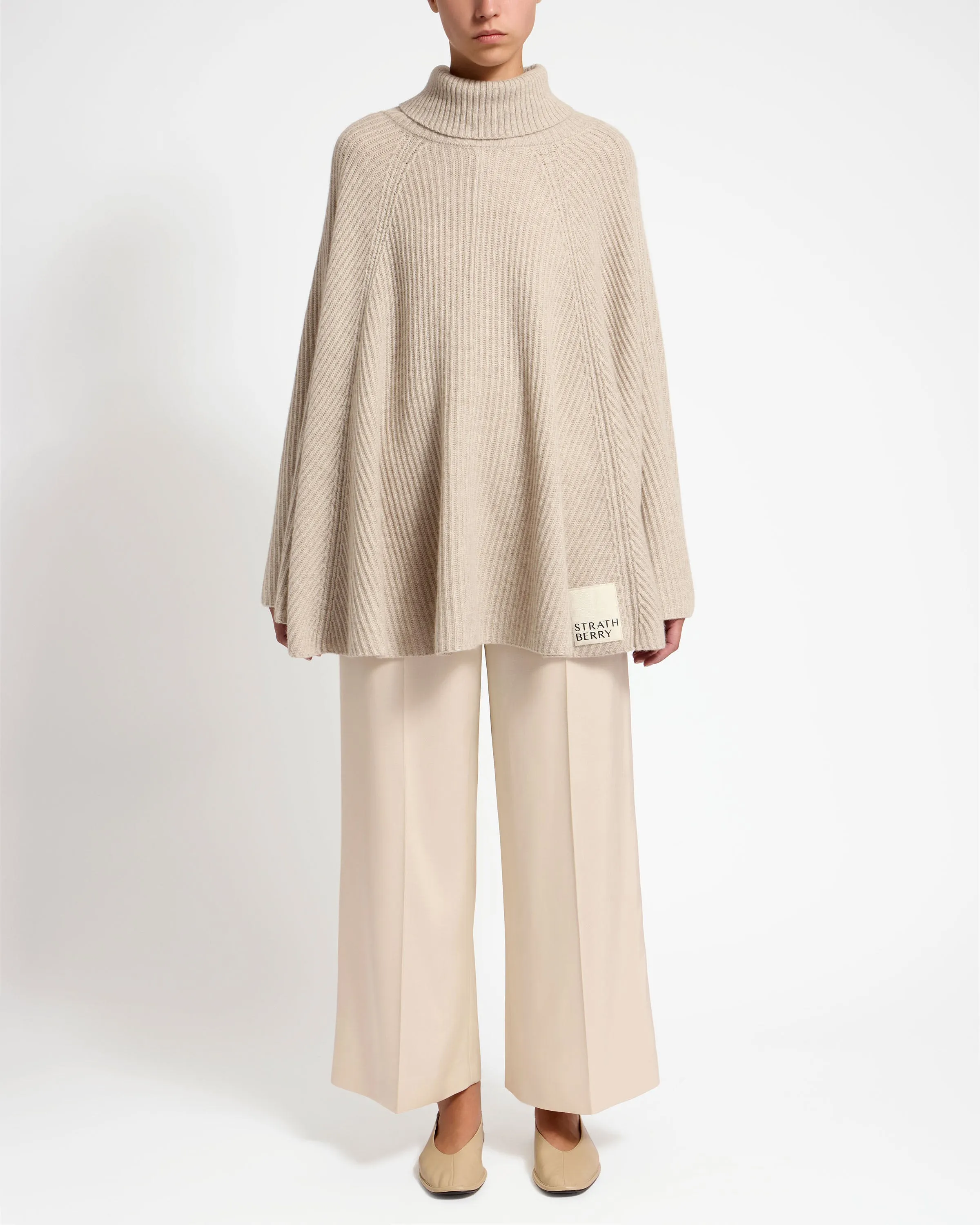 Cashmere Wool Ribbed Poncho - Millet