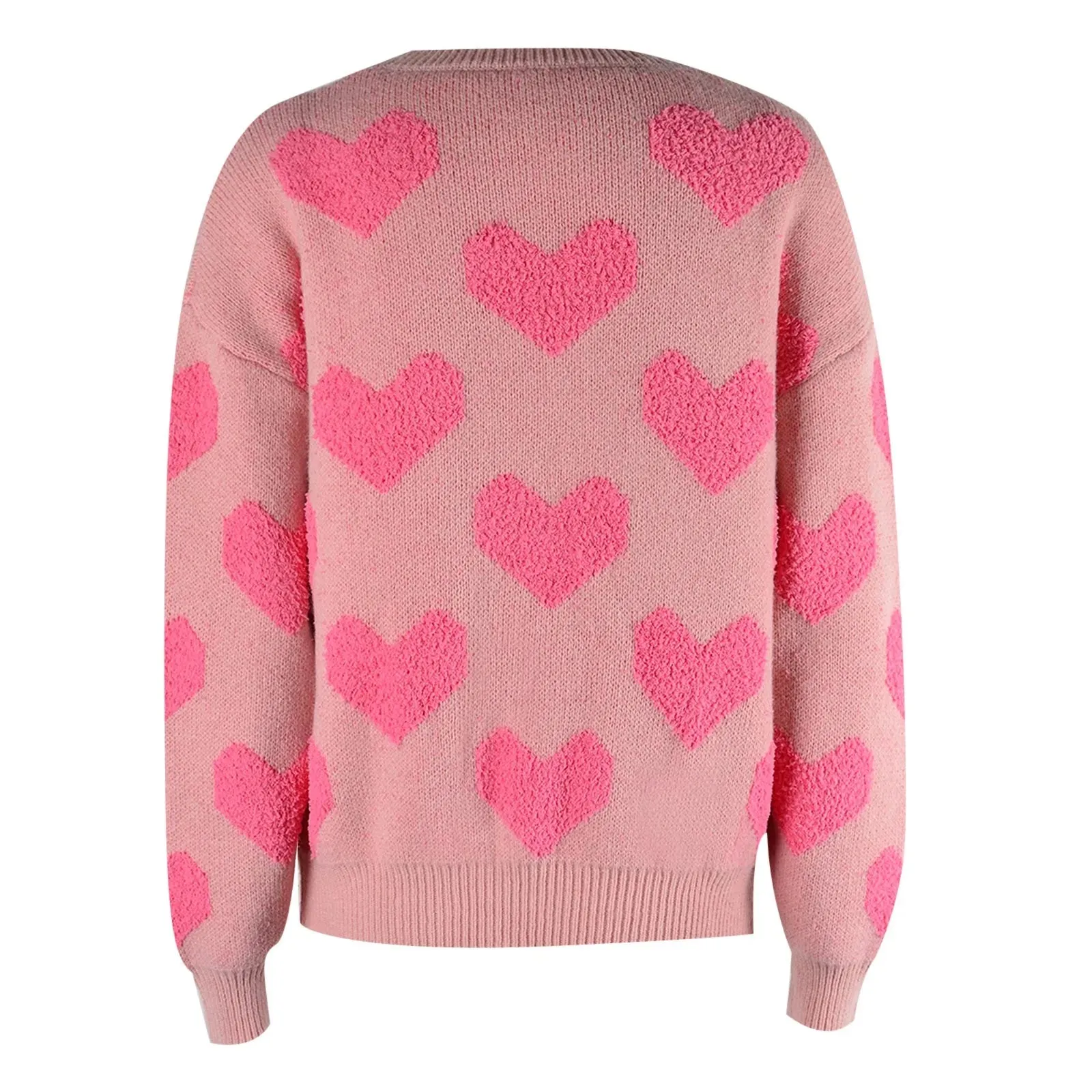 Casual Cozy Loose Pink Heart Pattern Comfortable Long Sleeve Fashionable Stylish Sweater