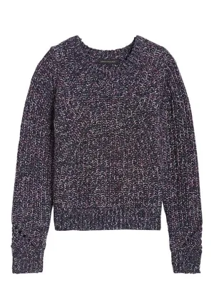 Chunky Pointelle Cropped Sweater in Navy With Berry & White