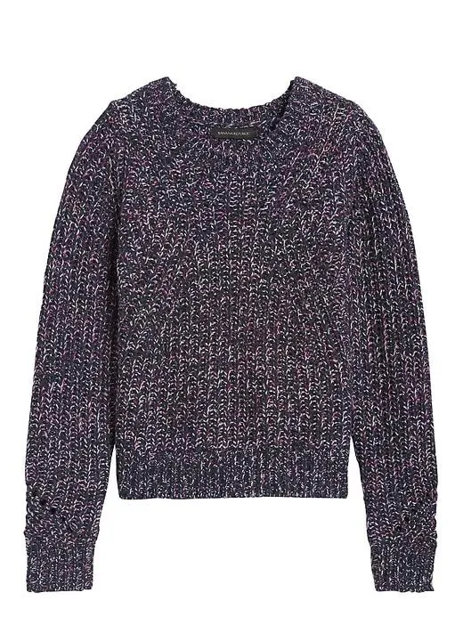 Chunky Pointelle Cropped Sweater in Navy With Berry & White