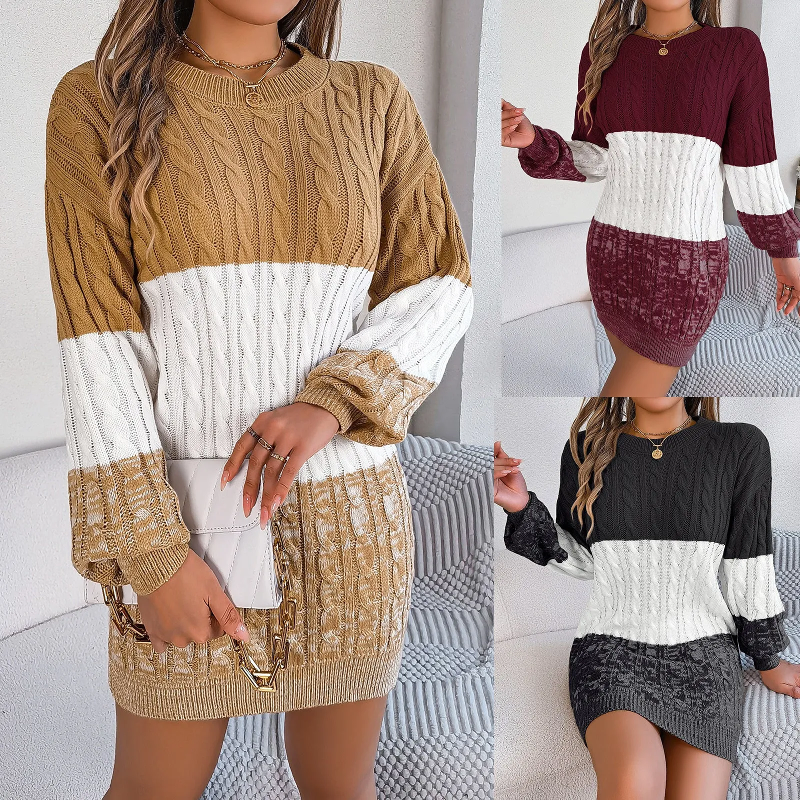 Comfy Autumn and Winter Fashionable Twisted Lantern Sleeve Sweater Dress