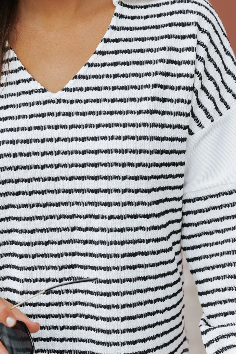 Cream Stripe Collared V Neck Sweater - FINAL SALE