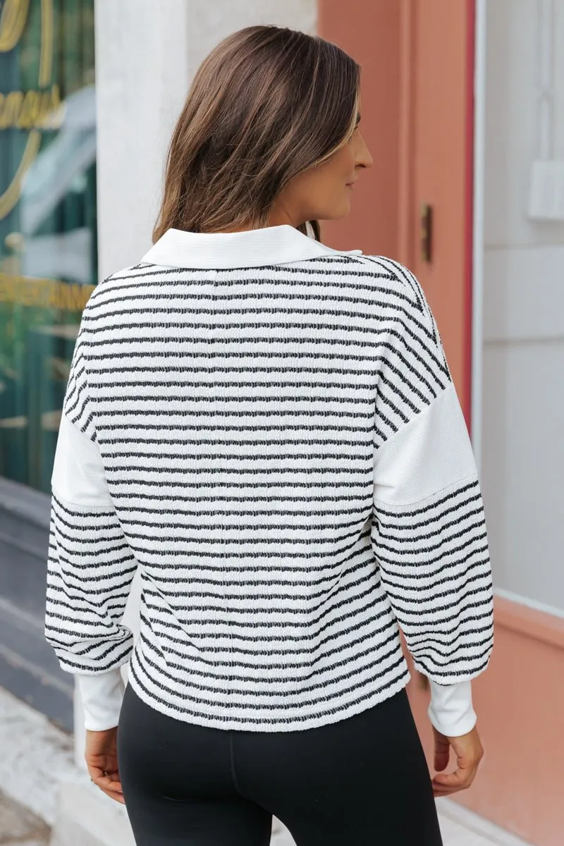 Cream Stripe Collared V Neck Sweater - FINAL SALE