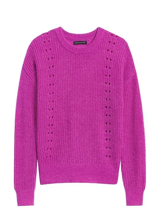 Cropped Pointelle-Knit Sweater in Bright Magenta