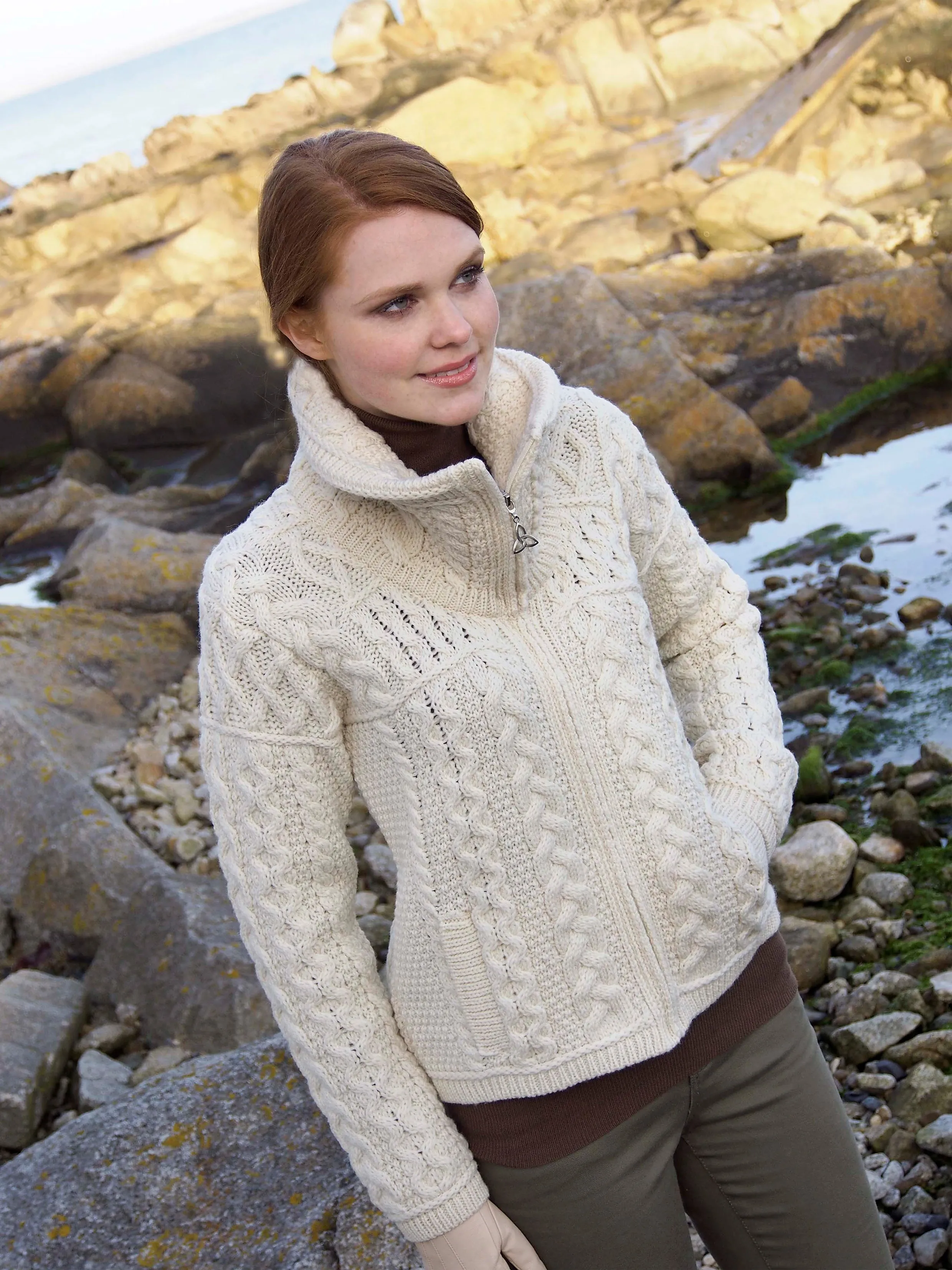 DOUBLE COLLAR MERINO ARAN CARDIGAN