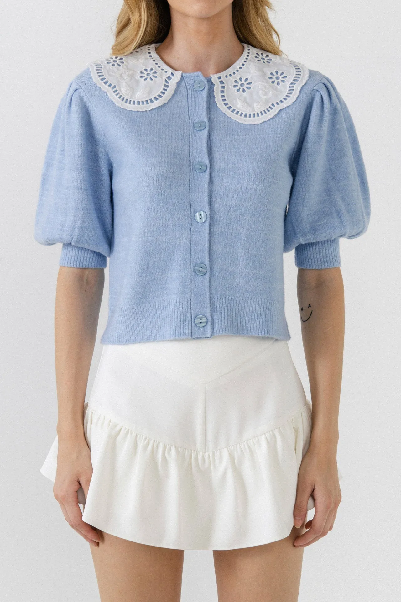 English Factory - Collar Detail Short Puff Sleeve Cardigan