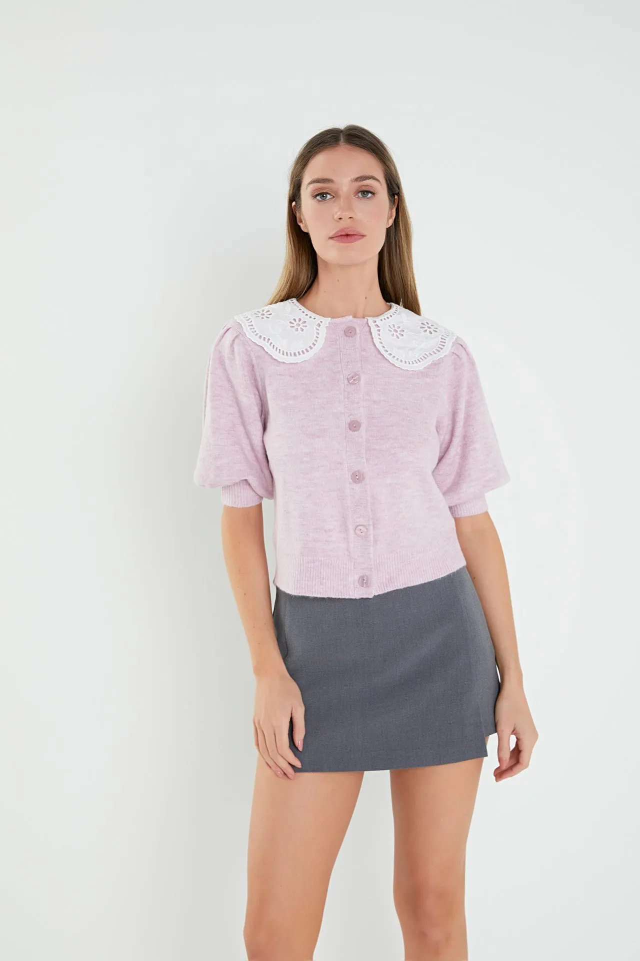 English Factory - Collar Detail Short Puff Sleeve Cardigan