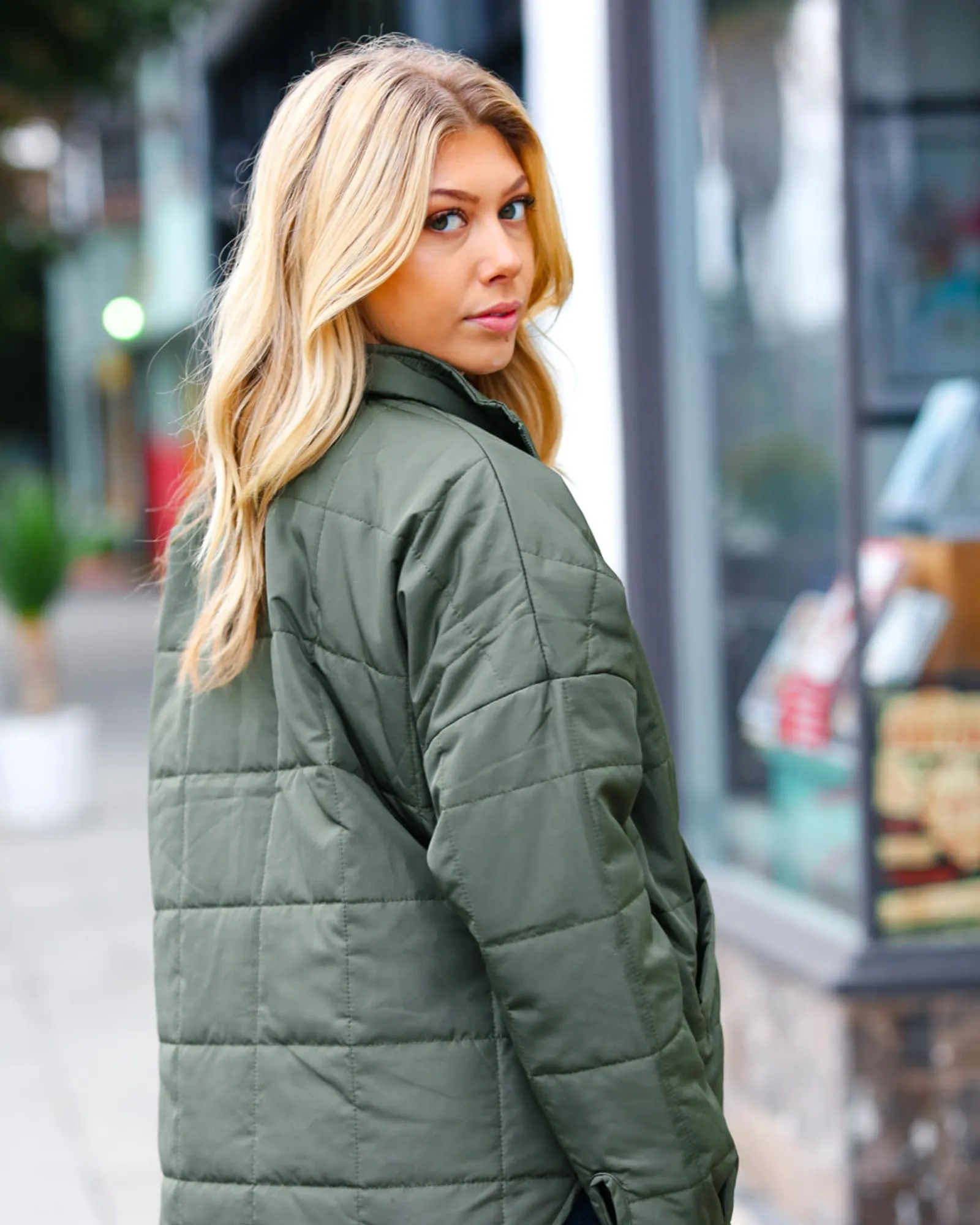 Eyes On You Olive Quilted Puffer Jacket | Olive