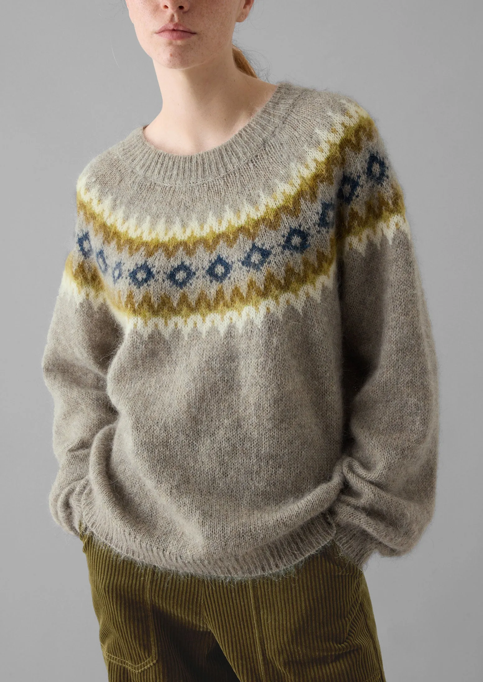 Fair Isle Yoke Mohair Blend Easy Sweater | Green Multi