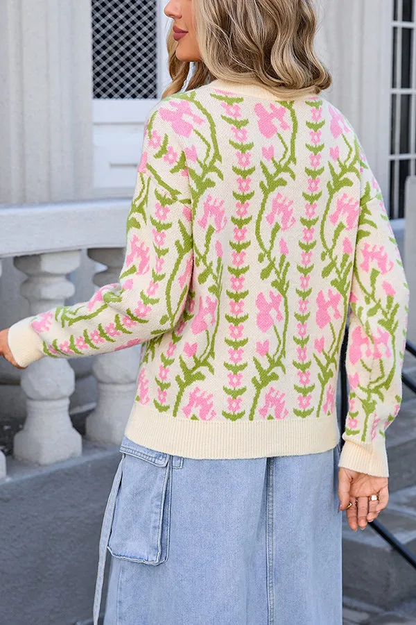 Fashionable Floral Knitted Crew Neck Casual Sweater