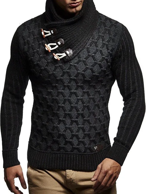 Fashionable Men's Leather Buttoned Sweater Pullover Turtleneck Loose Coat