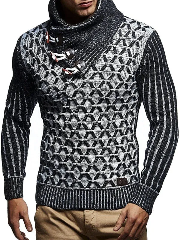 Fashionable Men's Leather Buttoned Sweater Pullover Turtleneck Loose Coat