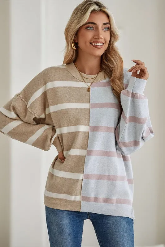 For The Best - Striped Colorblock Drop Shoulder Sweater