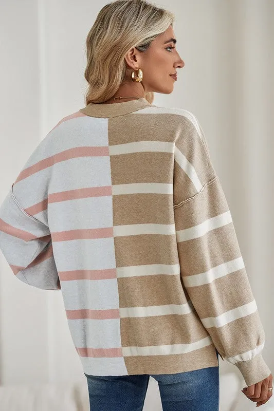 For The Best - Striped Colorblock Drop Shoulder Sweater