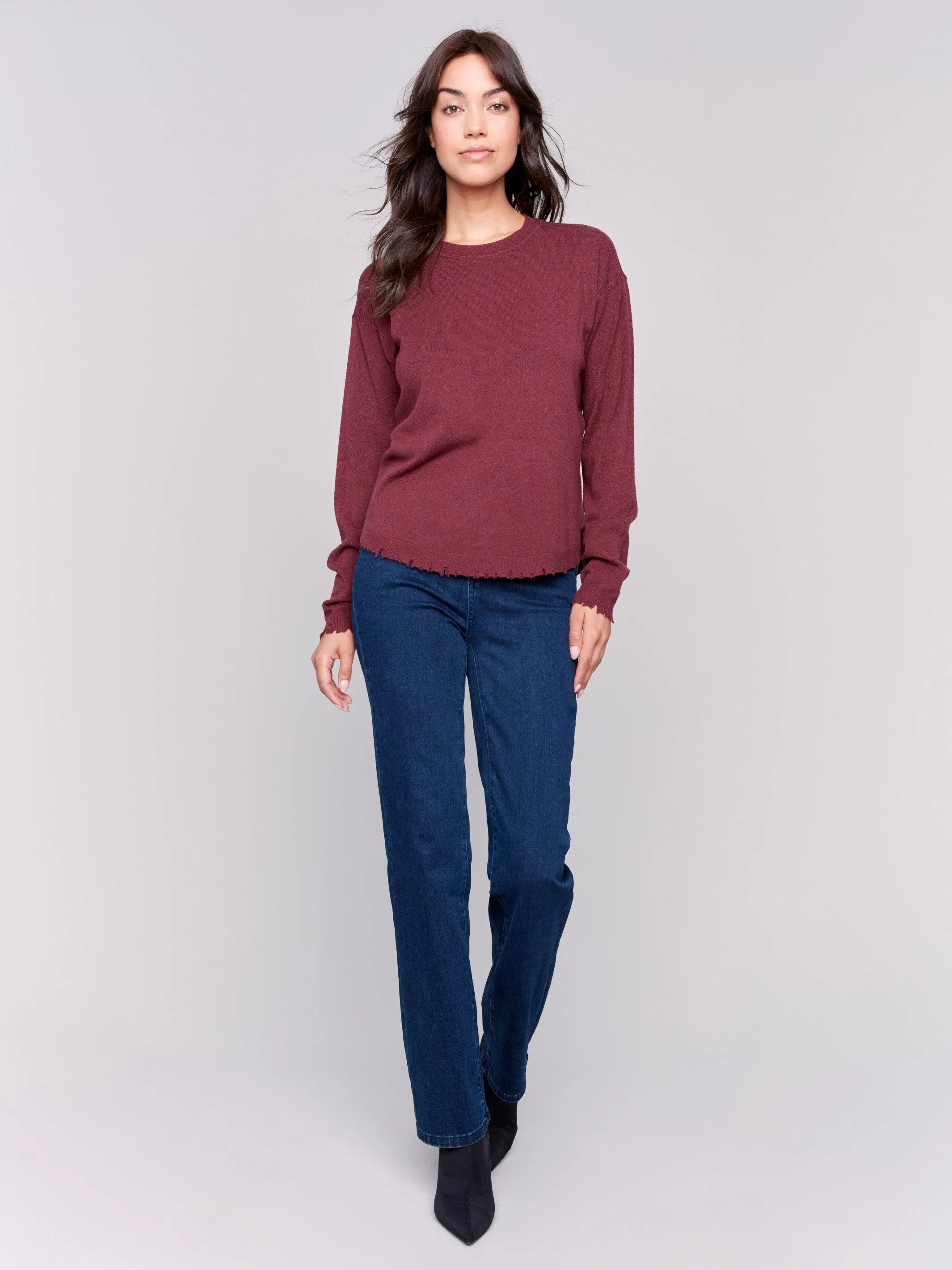 Frayed Edge Round Hem Sweater - Cabernet